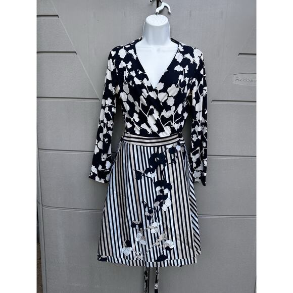DVF Diane von Furstenberg AMELIA Floral Stripe Wrap Dress Sz 8 FLAWS Preppy Silk - Picture 3 of 14